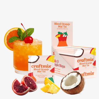 Blood orange mai tai drink mix packet tropical cocktail glass front view