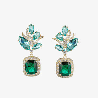 Baroque emerald crystal drop earrings with ornate gold detailing and clear crystal accents