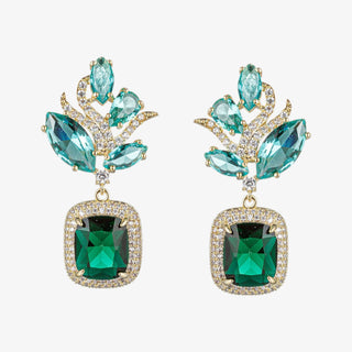 Baroque emerald crystal drop earrings with ornate gold detailing and clear crystal accents