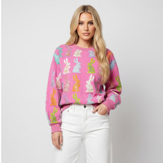 Queen of Sparkle pink Easter Bunny Sweatshirt with sequin scattered bunnies throughout.