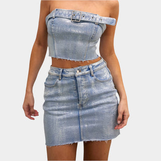 Metallic Denim Mini Skirt