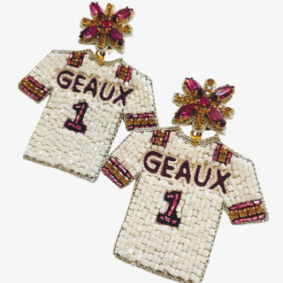 Beaded earrings shaped like jerseys with 'GEAUX' and number '1' on a white background