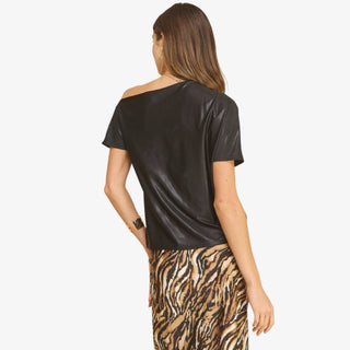 Black one shoulder top with relaxed draped neckline and subtle shimmer for dressy and evening outfits.