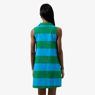 Blue and green stripe sleeveless mini dress with collared neckline and relaxed shift silhouette styled for spring outfits and Easter dresses.