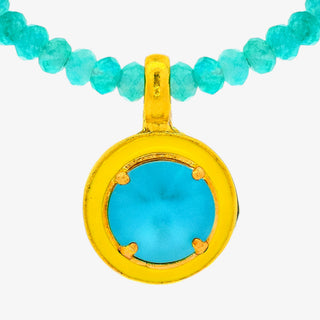 Yellow pendant necklace blue stone aqua bead chain gold setting full view