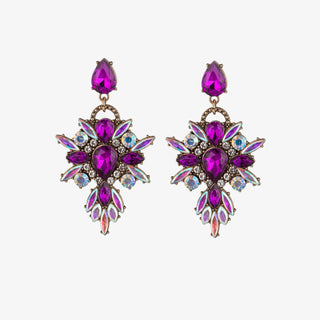 Lexy purple statement earrings with faceted purple crystals and iridescent crystal detailing