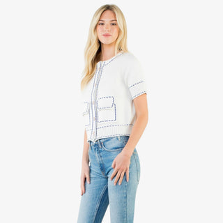 Contrast stitch knit button up top with short sleeves, decorative buttons, and tailored pockets in red or white