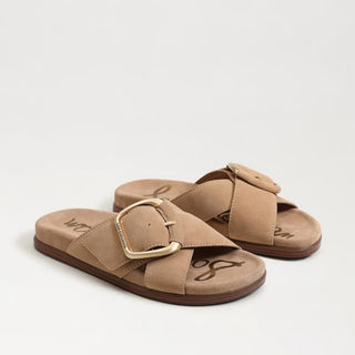     Sam Edelman Darla slide sandal in tan suede with oversized gold buckle front view