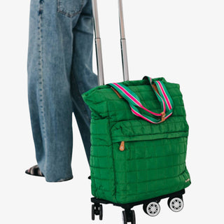 Jetsetter Quilted Rolling Tote in emerald with quilted design, dual handles, and telescopic handle on wheels