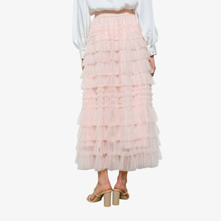 Light blush tiered tulle maxi skirt with layered ruffles and elastic waistband