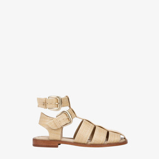 Sam Edelman Dawn Sandal in raffia strappy cage design with square toe and buckle ankle strap
