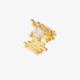 Chunky gold adjustable ring with textured design and square CZ stone