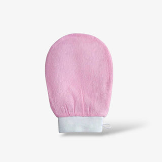 Pink exfoliating mitt with white elastic cuff, designed to gently remove dead skin and smooth texture for softer, refreshed skin during shower or bath use.