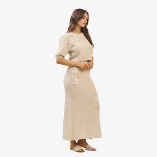 Neutral applique sweater set with cropped knit top and floral midi skirt