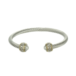 Cable Bee Cuff Bracelet with pearl tips and engraved bee and floral detailing