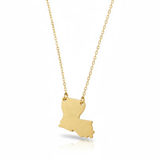 Gold necklace with a Louisiana-shaped pendant on a white background