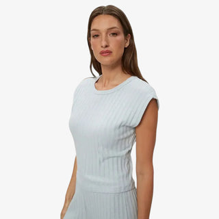 Michael Stars Jinny Power Top in Splash pale blue ribbed sleeveless knit top front view
