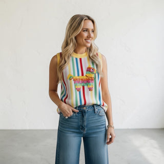queen of sparkles piñata knit tank top colorful stripe sleeveless summer top front view styled with jeans