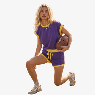 Purple and gold scuba game day set with cap sleeve top and drawstring shorts front view