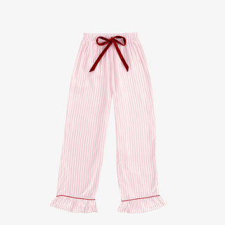 Pink stripe pajama set with long sleeve button top, red piping, ruffle cuffs, and elastic waist pants with velvet tie.
