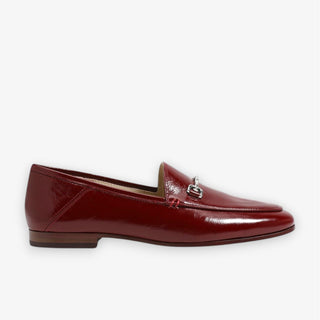 Sam Edelman Loraine Loafer in cabernet patent leather with silver horsebit detail, perfect Alabama crimson gameday style.