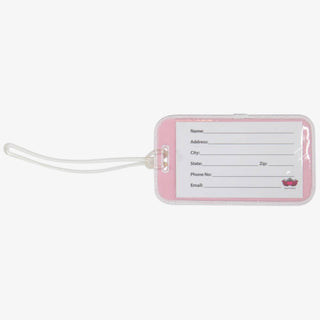 Embroidered Good Vibes luggage tag with pastel stripes and yellow sun design