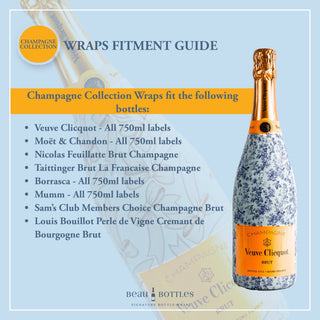 Champagne bottle wrapped in floral design with fits most 750ml bottles for gifting or entertaining.