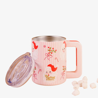 Pink mug with cartoon character and 'the darling effect' text on a white background
