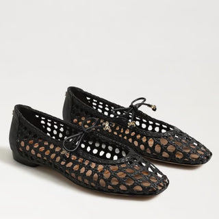 Black Sam Edelman Marcie ballet flats with woven mesh design, bow detail, and low heel shown as a pair