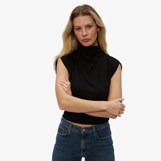 Michael Stars Amara Mock Neck Top in black with cap sleeves and ribbed fitted silhouette