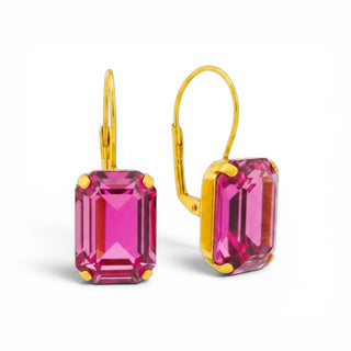 Pink crystal drop earrings with emerald cut faceted stones and gold leverback hooks front view