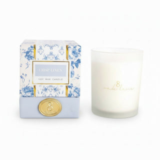 8 Oak Lane Crisp Linen boxed candle with frosted glass soy wax candle clean home fragrance display view
