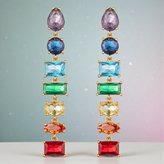 Lisa multicolor crystal drop earrings with vertical tiered faceted stones in gold-tone setting