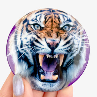 Mad Tiger Button with fierce tiger face on purple background LSU game day accessory