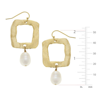 Susan Shaw gold square pearl drop earrings with textured gold frame and freshwater pearl accent on white background front view