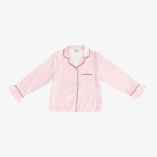 Pink stripe pajama set with long sleeve button top, red piping, ruffle cuffs, and elastic waist pants with velvet tie.