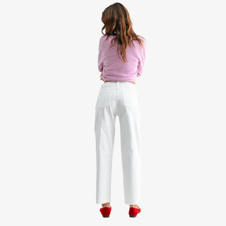 Wide leg white pants with high rise waist front patch pockets and relaxed straight leg fit