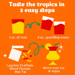 Instructions for making a cocktail with rum, sparkling water, and Craftmix Blood Orange Mai Tai on an orange background.