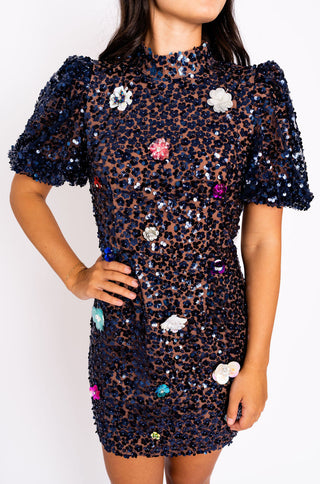 Floral Sequin Navy Dress Final Sale