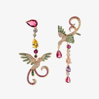 Alexandrine statement earrings with multicolor crystal drops and gold-tone bird-inspired design