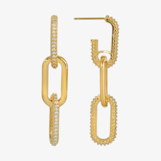 Alicia gold link drop earrings with crystal accents and elongated chain design