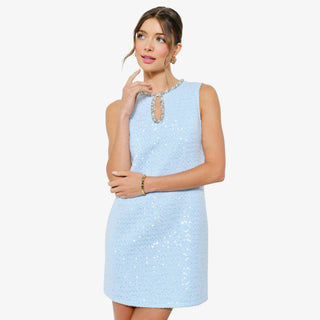 Light blue tweed sequin mini dress with jeweled neckline and keyhole detail, sleeveless party dress
