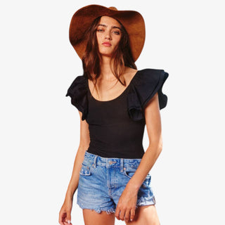 Black ruffle shoulder ribbed bodysuit for women