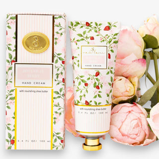 botanical berry hand cream tube with floral box and pink flowers 8 oak lane 3.4 oz