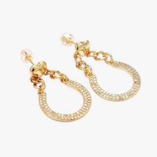Gold horseshoe stud earrings with CZ stones and chainlink design