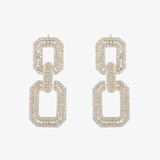 Gold rectangular double-link statement earrings with baguette and round CZ stones, adding sparkle and elegance for formal and evening looks.