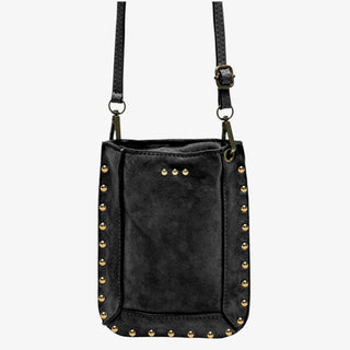 Black faux-suede bucket bag with gold-tone metal studs and a matching black shoulder strap, shown against a plain light gray background.