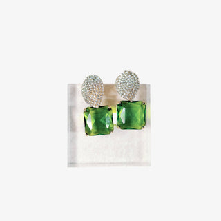 Green crystal drop earrings with pavé top statement front view