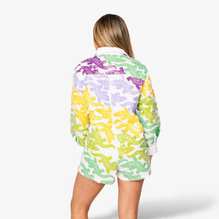 Vibrant alligator-print romper with Queen of Sparkles’ signature bold detailing made for game day fun and standout style.