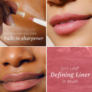 City Lips Defining Lip Liner in Blush shown as a retractable nude pink lip liner pencil with precision tip for smooth, defined application.